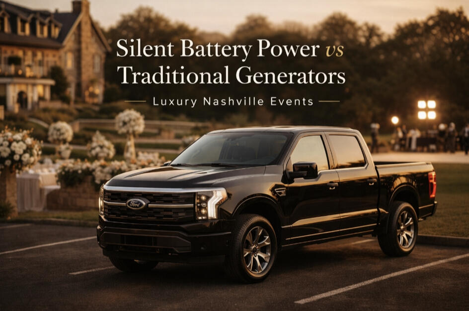 Polished Black F-150 King Ranch truck providing whisper-quiet silent battery power for a luxury Nashville wedding.