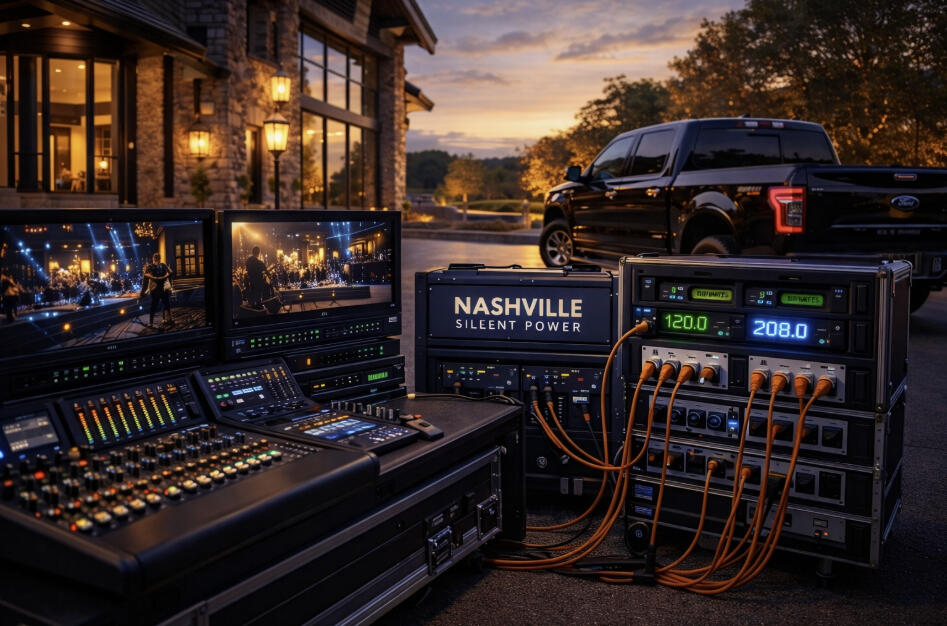 Discreet 100ft safety cabling and professional power distribution hub for a zero-footprint event at a private Nashville estate.